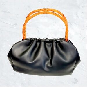 Vintage Empress Black Handbag W/ Interlocking Amber Bakelite Handles Circa 1950s